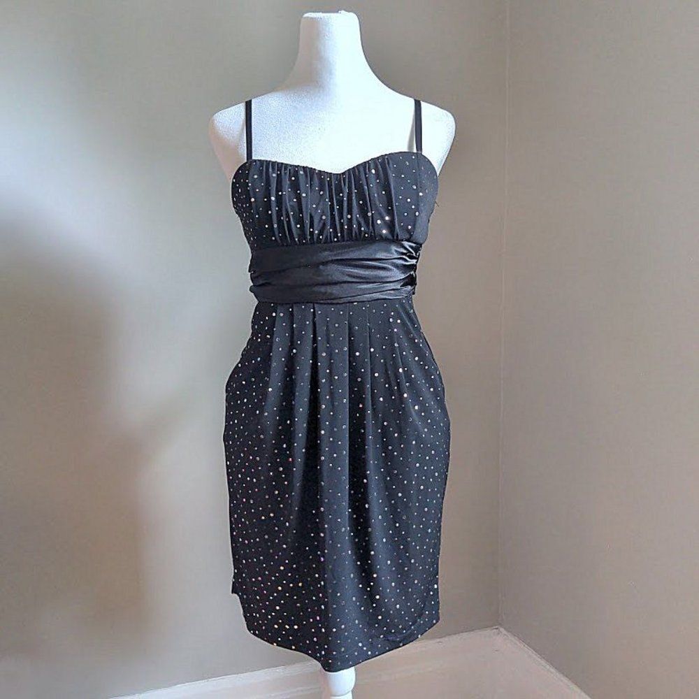 Vintage Y2K City Triangles Babydoll Dress Formal Silver Polka Dot Size Small
